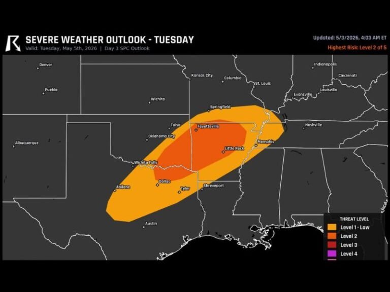Large Hail, Damaging Winds and Tornadoes Likely Across Arkansas, Texas and Memphis Tuesday May 5 Evening Under Level 2 and Level 3 Severe Weather Outlook