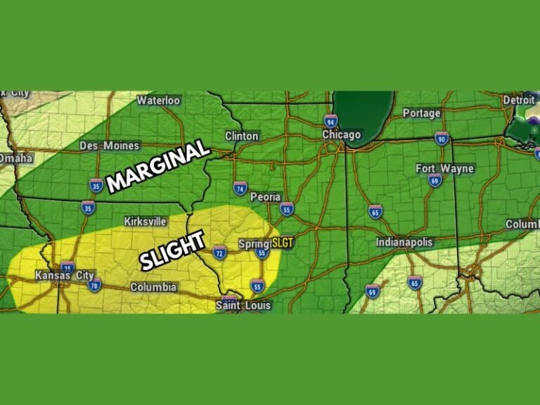 Large Hail and Gusty Winds Targeting Chicago, Peoria and Clinton Under Marginal Risk With Slight Risk Pushing Into Springfield and St. Louis This Afternoon Between 3PM and 9PM