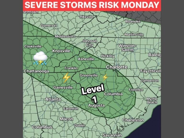 Level 1 Severe Storm Risk With Gusty Winds, Hail, and Lightning Targeting the Carolinas Including Charlotte, Greenville, and Columbia Monday June 1