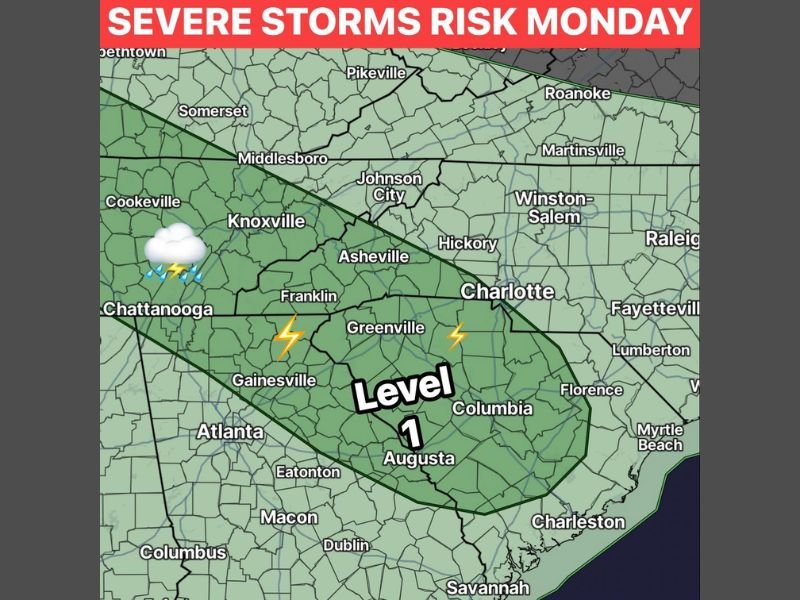 Level 1 Severe Storm Risk With Gusty Winds, Hail, and Lightning Targeting the Carolinas Including Charlotte, Greenville, and Columbia Monday June 1