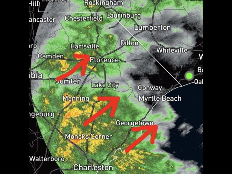 Light to Moderate Rain Spreading Across South Carolina Including Florence, Sumter, Charleston and Myrtle Beach Over the Next Hour Saturday Morning