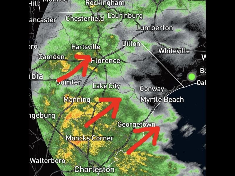Light to Moderate Rain Spreading Across South Carolina Including Florence, Sumter, Charleston and Myrtle Beach Over the Next Hour Saturday Morning