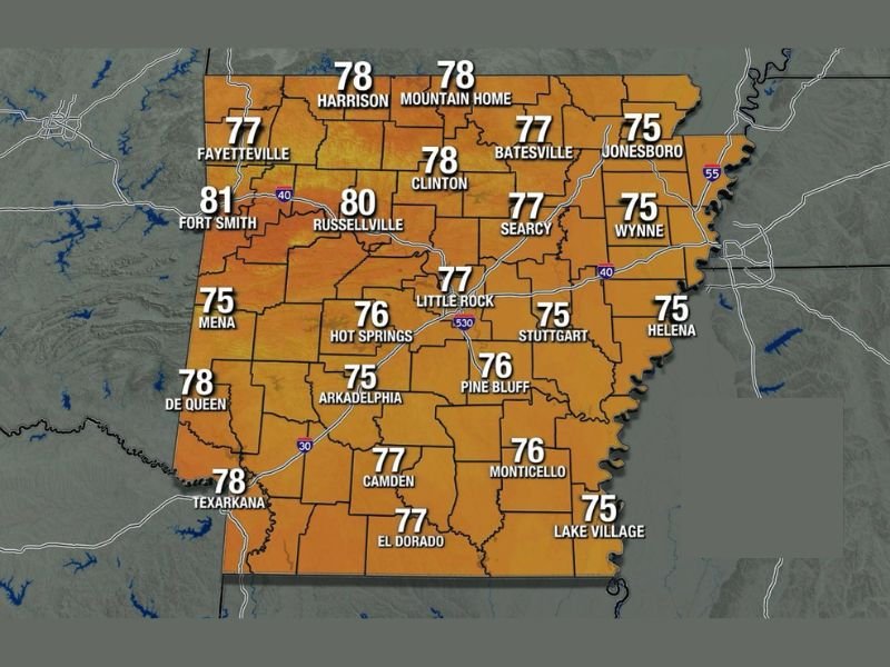 Low Storm Risk in Western and Northwest Arkansas as Statewide Temperatures Climb Into 70s and 80s Friday After Cool Morning Start