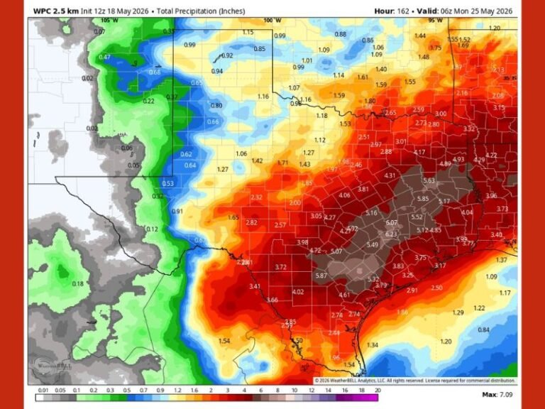 Major Flooding Risk Developing Across Houston and Southeast Texas With 5 to 7 Inches of Rain Possible Through May 25 as Soggy Week Long Pattern Takes Hold