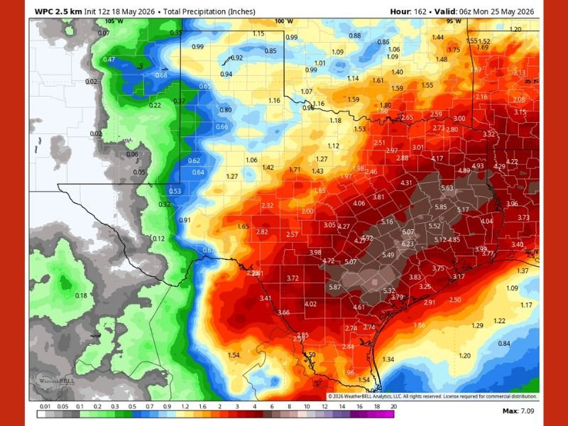 Major Flooding Risk Developing Across Houston and Southeast Texas With 5 to 7 Inches of Rain Possible Through May 25 as Soggy Week Long Pattern Takes Hold