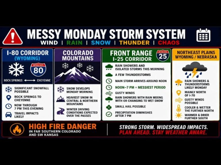 Major Storm System Bringing Snow Wind Rain and Fire Danger Across Colorado Wyoming and Nebraska Including Denver Front Range and I-80 Corridor With Widespread Impacts Monday