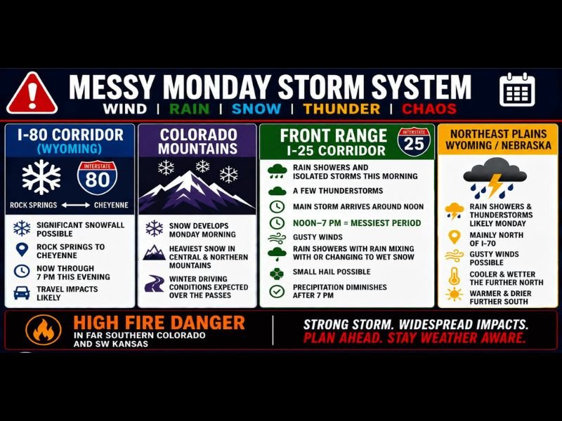 Major Storm System Bringing Snow Wind Rain and Fire Danger Across Colorado Wyoming and Nebraska Including Denver Front Range and I-80 Corridor With Widespread Impacts Monday