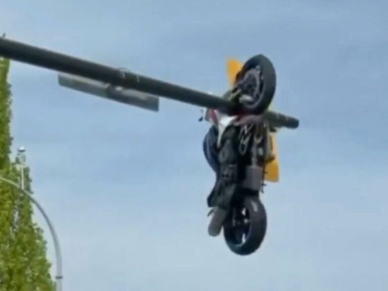 Motorcyclist Seriously Injured After Crash Leaves Bike Suspended From Traffic Light at Surrey and Delta Border in British Columbia Saturday Afternoon