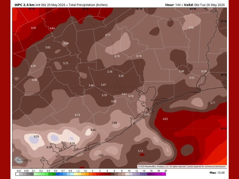 Multi-Round Heavy Rainfall and Flooding Concerns Targeting Texas and Gulf Coast Region With 5 to Nearly 10 Inches of Total Precipitation Possible Through Tuesday May 26