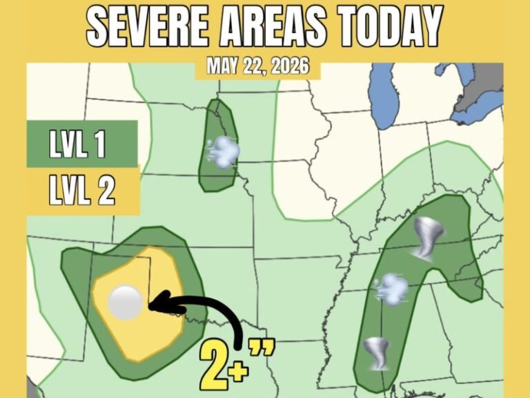 Multi-Zone Severe Weather With Very Large Hail, Damaging Winds, and Brief Tornado Threat Targeting Texas Panhandle, Kentucky, Tennessee, and Eastern Nebraska Friday May 22