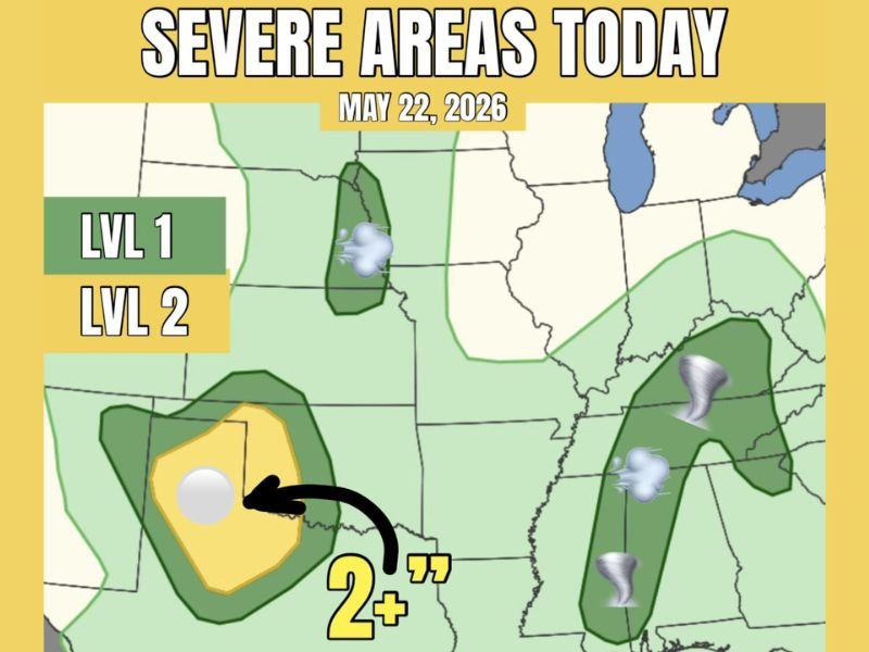 Multi-Zone Severe Weather With Very Large Hail, Damaging Winds, and Brief Tornado Threat Targeting Texas Panhandle, Kentucky, Tennessee, and Eastern Nebraska Friday May 22