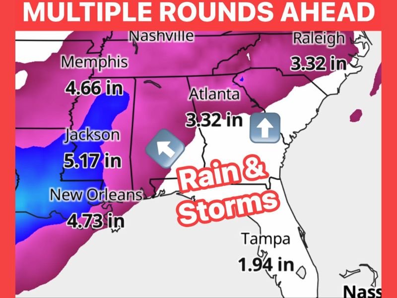 Multiple Rounds of Heavy Rain and Storms Targeting the Southeast Including Memphis, Jackson, New Orleans, Atlanta, and Raleigh With 3 to Over 5 Inches Possible Over the Next 10 Plus Days