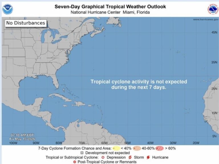 NHC Tropical Weather Outlooks Resume Today May 15 Across the Atlantic Basin With No Disturbances Present and Quiet Conditions Expected Through the Next 7 Days