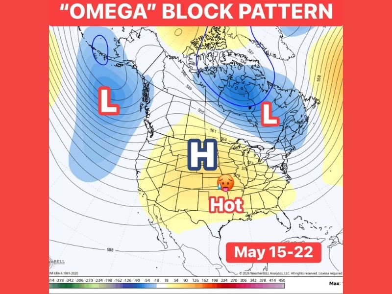 Omega Block Pattern Locking In Above Normal Heat Across the Central and Eastern US With Ring of Fire Thunderstorm Risk Possible Along Ridge Boundaries May 15 Through May 22