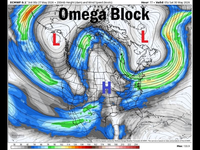Omega Block Pattern Locking In Dry and Sunny 7 to 10 Day Outlook With Only a 20 Percent Isolated Shower Chance Today Before the Ridge Takes Full Control Through Late May