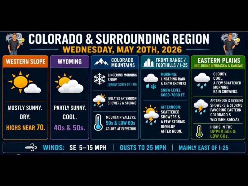 Rain Snow Showers and Afternoon Storms Across Colorado Wyoming and Plains Including Denver Front Range and Eastern Kansas With Active Pattern Continuing Through Weekend