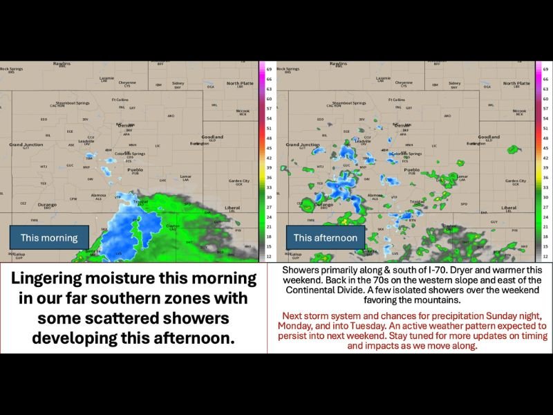 Rain and Snurfall Lingering in Southern Colorado and SW Kansas Friday Morning With Afternoon Showers Along I-25 Corridor Before Warmer and Drier Weekend Ahead
