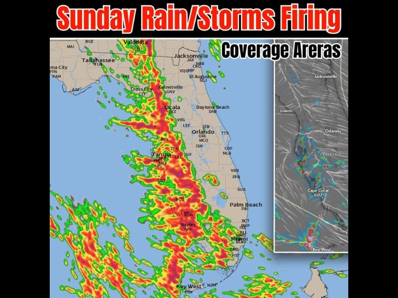 Rain and Storms Firing Across Central and Western Florida Including Tampa Orlando Naples and Miami With Coverage Spreading Northward Into Georgia Through Sunday Afternoon