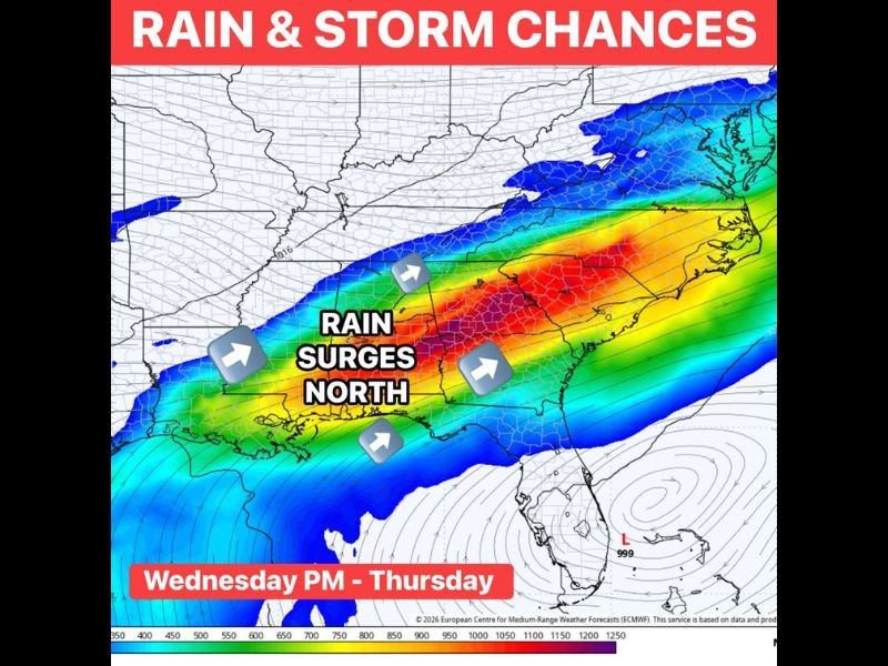 Rain and Strong Storms Surging North Across the Eastern US Wednesday Night Into Thursday With Heaviest Activity Targeting the South in an Active Spring Pattern