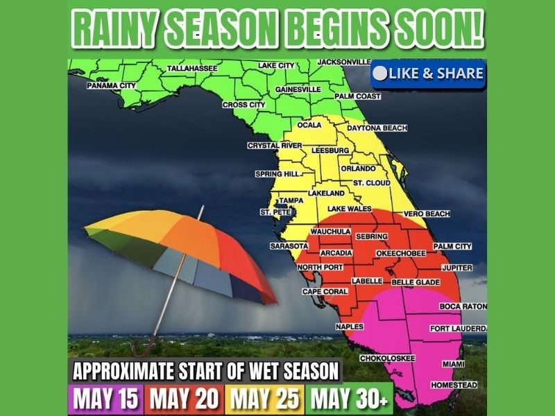 Rainy Season Arriving Across Florida From Miami and Fort Lauderdale Through Orlando Tampa and Jacksonville With Daily Downpours Expected Between May 15 and May 30