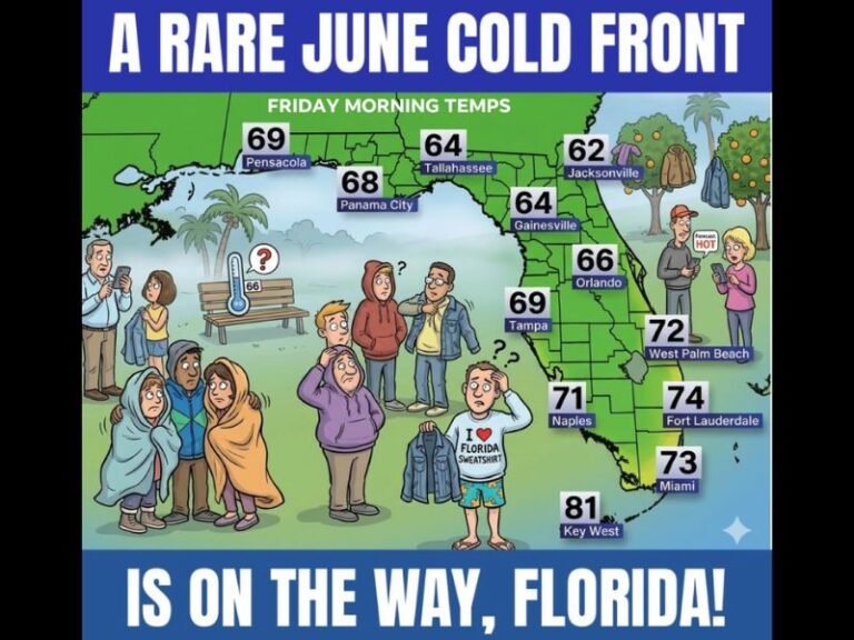 Rare June Cold Front Dropping Florida Temperatures 5 to 10 Degrees Below Normal Including Jacksonville at 62 and Tampa at 69 Degrees Friday Morning