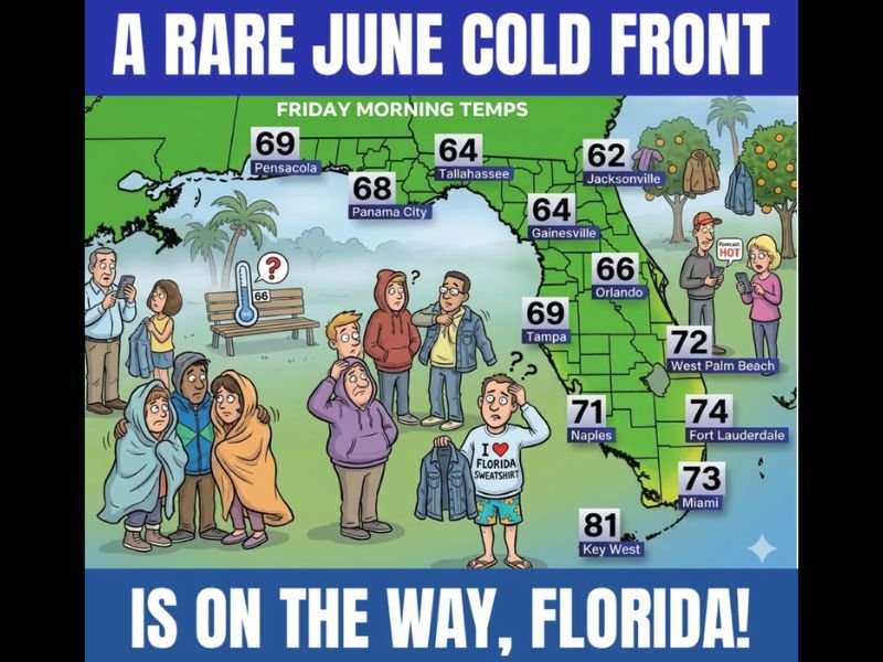 Rare June Cold Front Dropping Florida Temperatures 5 to 10 Degrees Below Normal Including Jacksonville at 62 and Tampa at 69 Degrees Friday Morning