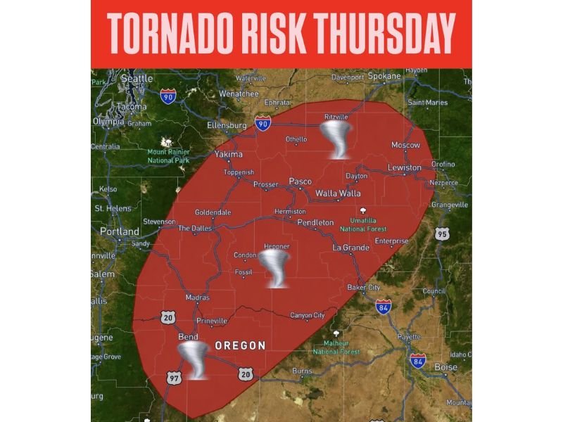 Rare Tornado Risk With Damaging Winds and Large Hail Targeting Central Oregon and Southeast Washington Including Bend, Pendleton, and Walla Walla Thursday