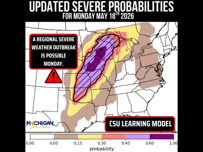 Regional Severe Weather Outbreak Possible Across Upper Midwest Including Michigan Wisconsin Iowa and Kansas With Tornadoes Large Hail and Damaging Winds Monday May 18