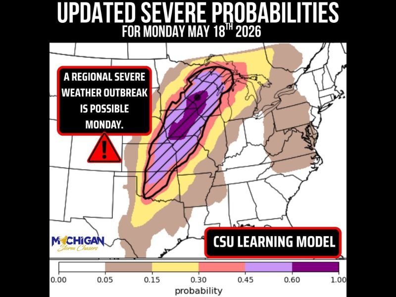 Regional Severe Weather Outbreak Possible Across Upper Midwest Including Michigan Wisconsin Iowa and Kansas With Tornadoes Large Hail and Damaging Winds Monday May 18
