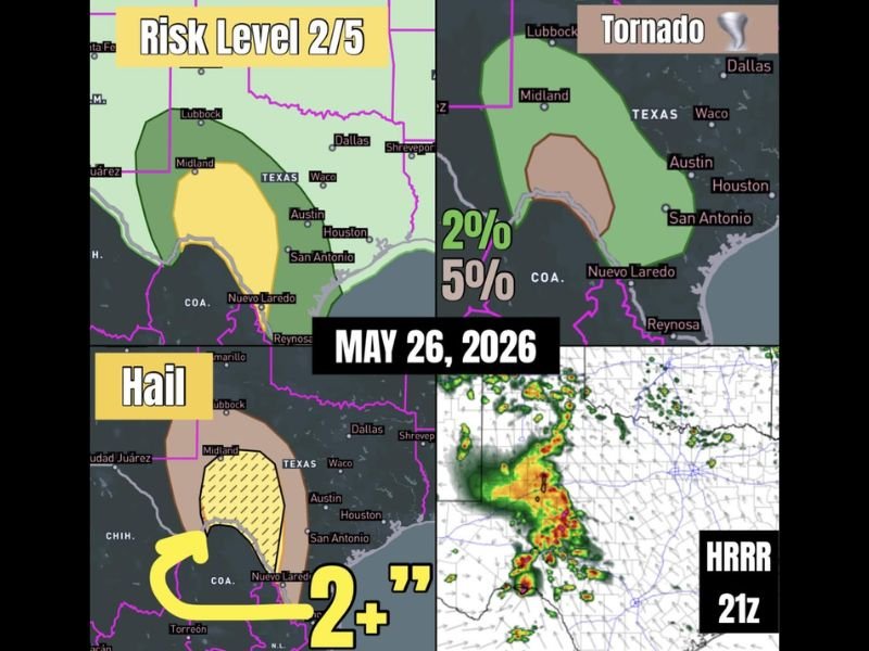 Risk Level 2 Severe Weather With Very Large Hail Over 2 Inches and Tail End Tornado Potential Targeting Southwest Texas Including Midland, San Antonio, and Laredo Tuesday May 26
