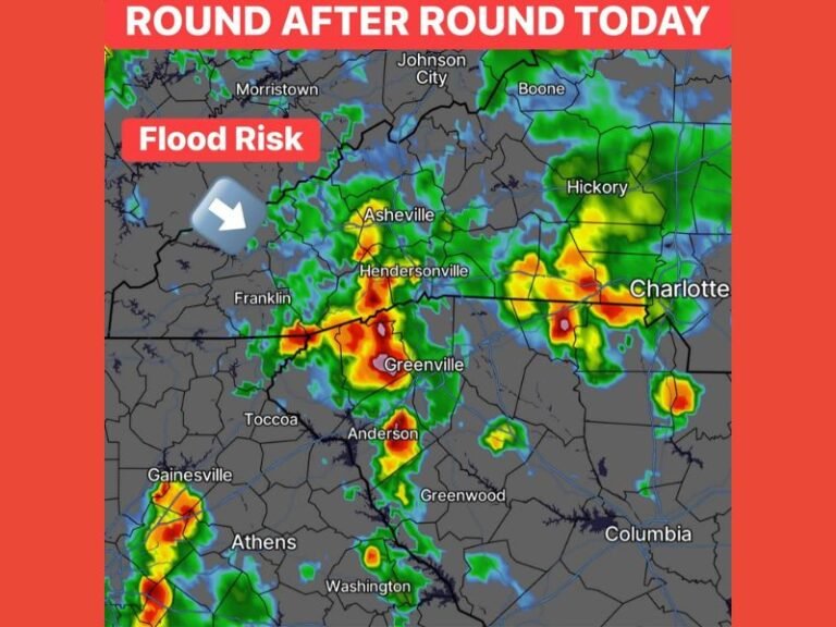 Round After Round of Heavy Rain Raising Flash Flood Risk Across Western Carolinas and Upstate South Carolina Including Asheville, Greenville, and Charlotte Through Tonight