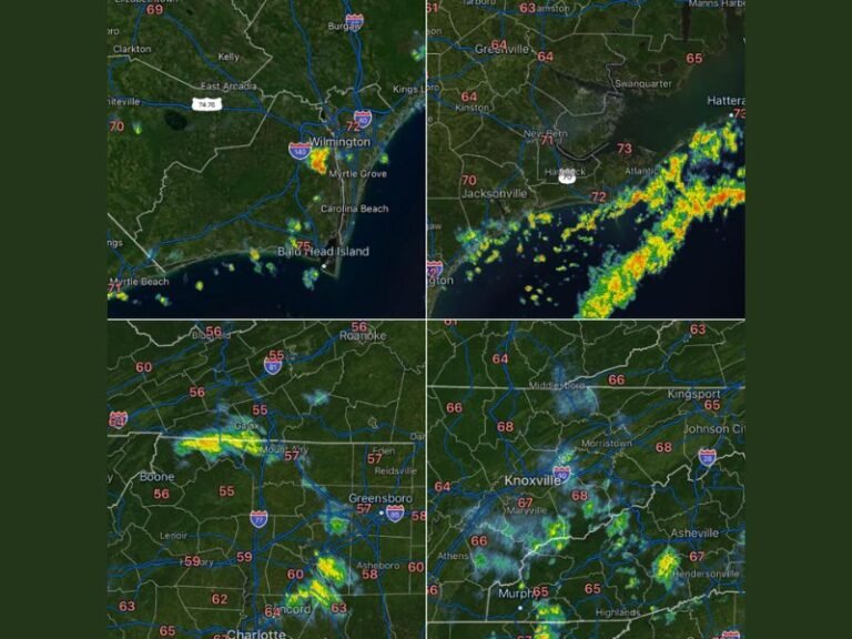 Scattered Showers Through Midday With Isolated Storms Shifting to Central and Western North Carolina Including Wilmington, Charlotte, and Knoxville Area Friday Afternoon