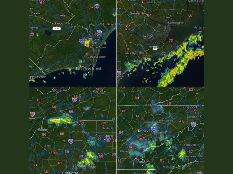 Scattered Showers Through Midday With Isolated Storms Shifting to Central and Western North Carolina Including Wilmington, Charlotte, and Knoxville Area Friday Afternoon