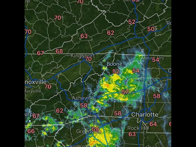 Scattered Showers and Hit or Miss Thunderstorms Developing Across North Carolina and Tennessee Including Asheville, Charlotte, and Raleigh Through This Afternoon and Evening