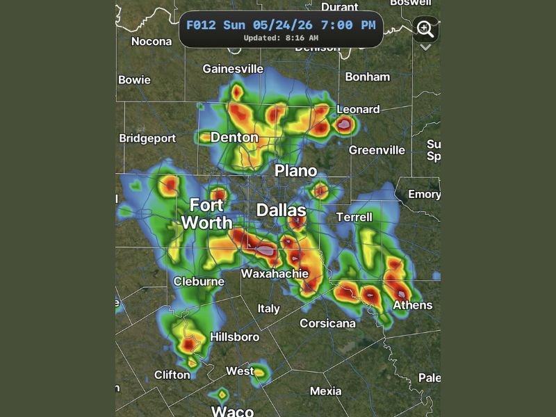 Scattered Thunderstorms With Gusty Winds to 50 MPH, Heavy Downpours, and Frequent Lightning Targeting the DFW Metroplex Including Dallas, Fort Worth, and Plano This Sunday