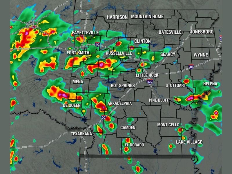 Scattered Thunderstorms With Heavy Downpours Filling In Across Arkansas Including Little Rock, Fort Smith, and Fayetteville Wednesday Afternoon and Evening With Low Severe Risk