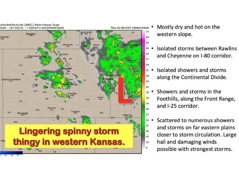 Scattered to Severe Storms With Damaging Winds and Large Hail Targeting Eastern Plains, Front Range, and Southeast Wyoming Including Denver, Cheyenne, and Western Kansas Thursday