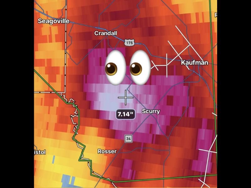 Serious Flooding Emergency Unfolding in Kaufman County Texas Including Crandall, Scurry, and Rosser as Training Storms Dump Over 7 Inches and Continue Pouring Wednesday