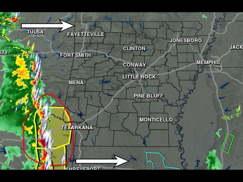 Severe-Capable Storms With Damaging Winds and Heavy Lightning Moving Into Arkansas Including Southwest Arkansas and Texarkana Area Eastward Through the State Saturday Morning