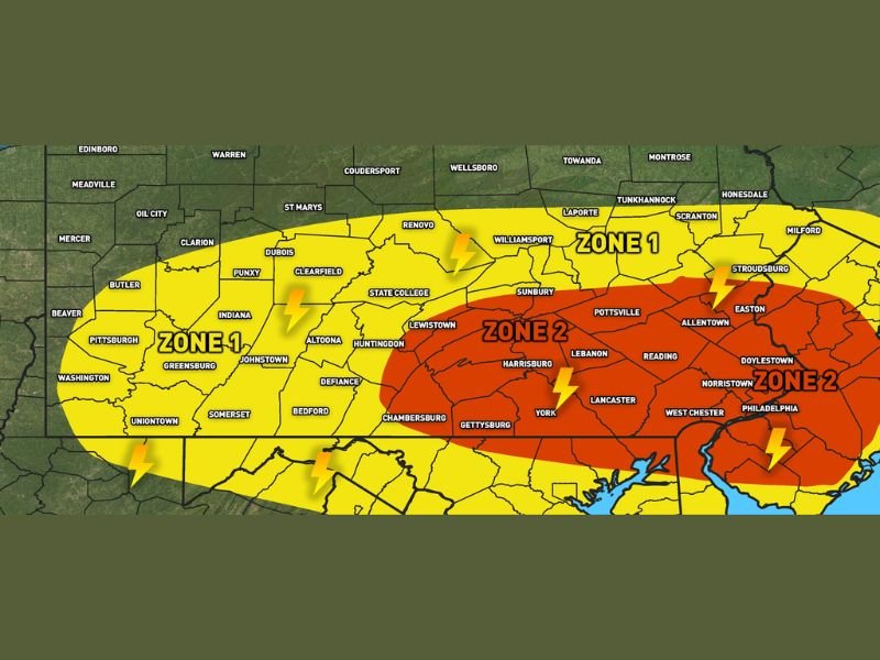 Severe Storms With 60 to 70mph Winds and Quarter Size Hail Targeting Southern and Eastern Pennsylvania Including Harrisburg Allentown and Philadelphia Through Wednesday