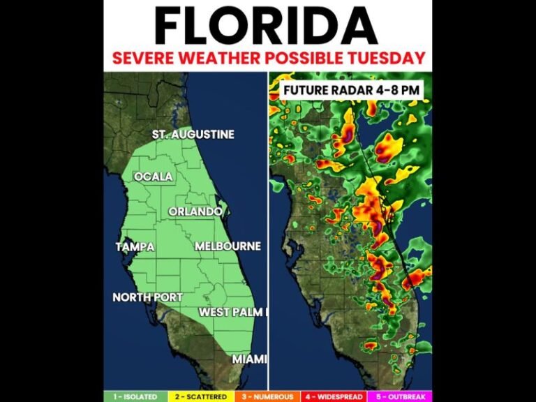 Severe Storms and Spin-Up Tornado Threat Across Florida Including Orlando Tampa Melbourne and West Palm Beach This Tuesday Afternoon Into Evening