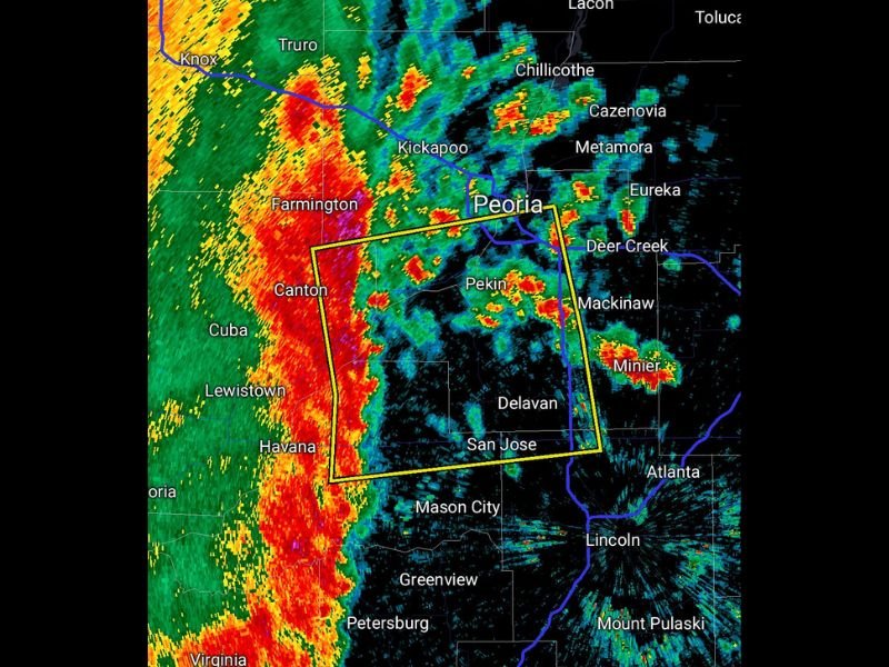 Severe Thunderstorm Warning With 60mph Wind Gusts Targeting Central Illinois Including Peoria Pekin Bartonville and Peoria Airport Moving East at 40mph