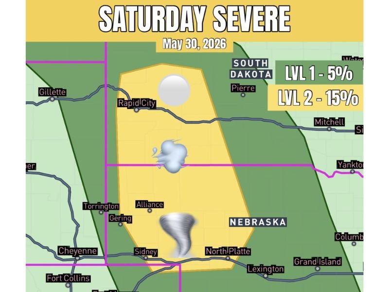 Severe Weather Including Supercells and Tornado Threat Targeting Nebraska Panhandle and Southwestern South Dakota Including Alliance, Sidney, and Rapid City Saturday