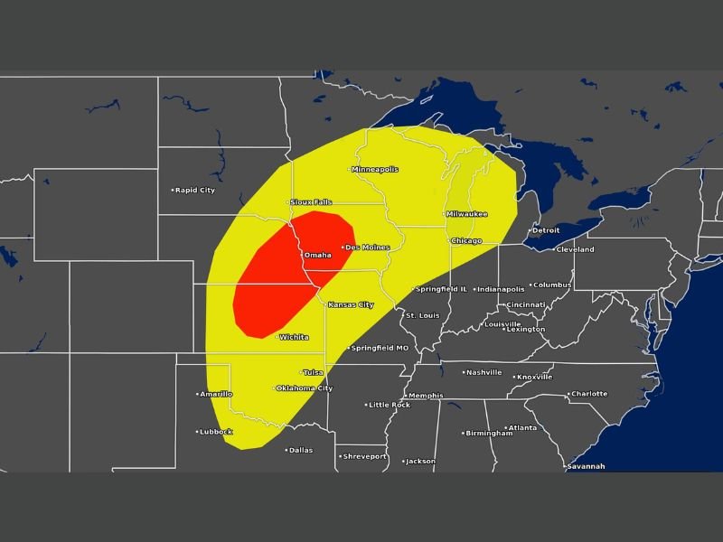 Severe Weather Outbreak With Strong Tornadoes Very Large Hail and Damaging Winds Targeting Kansas Through Michigan Including Omaha Kansas City Chicago and Detroit Monday May 18