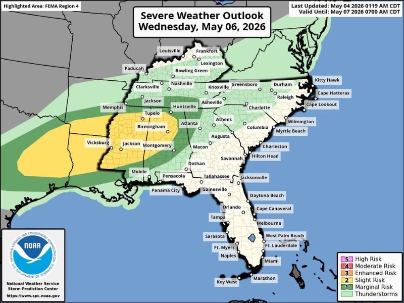 Severe Weather Ramping Up Across Louisiana, Arkansas, Mississippi and Alabama Wednesday May 6 With Slight Risk Covering Birmingham, Jackson and Memphis Through Early Thursday