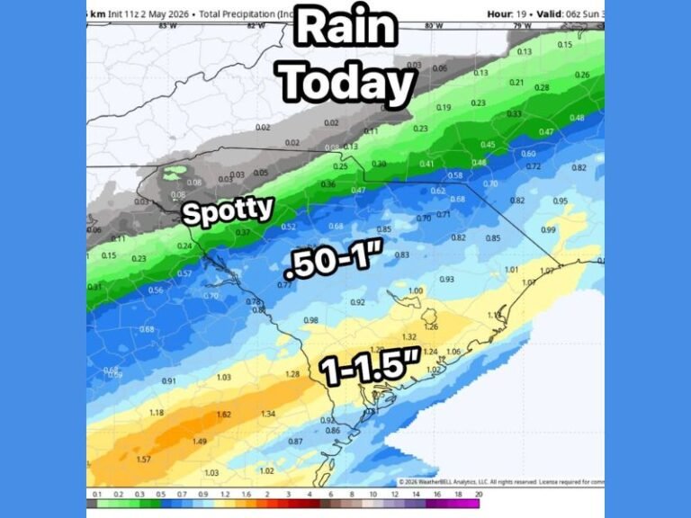 Sharp Rain Gradient Delivers 1 to 1.5 Inches Along the Coast While Counties Just North See Spotty Totals as Low Track Creates Dramatic Cutoff Across the Mid-Atlantic Saturday