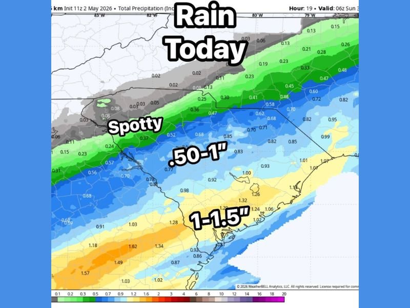 Sharp Rain Gradient Delivers 1 to 1.5 Inches Along the Coast While Counties Just North See Spotty Totals as Low Track Creates Dramatic Cutoff Across the Mid-Atlantic Saturday