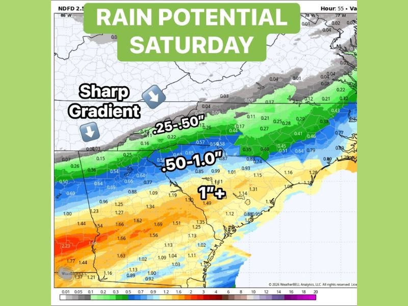 Sharp Rain Gradient Splits Saturday Forecast With Misty Showers North of I-85 and Soaking 1 Inch Plus Totals South Toward Columbia and the Coast