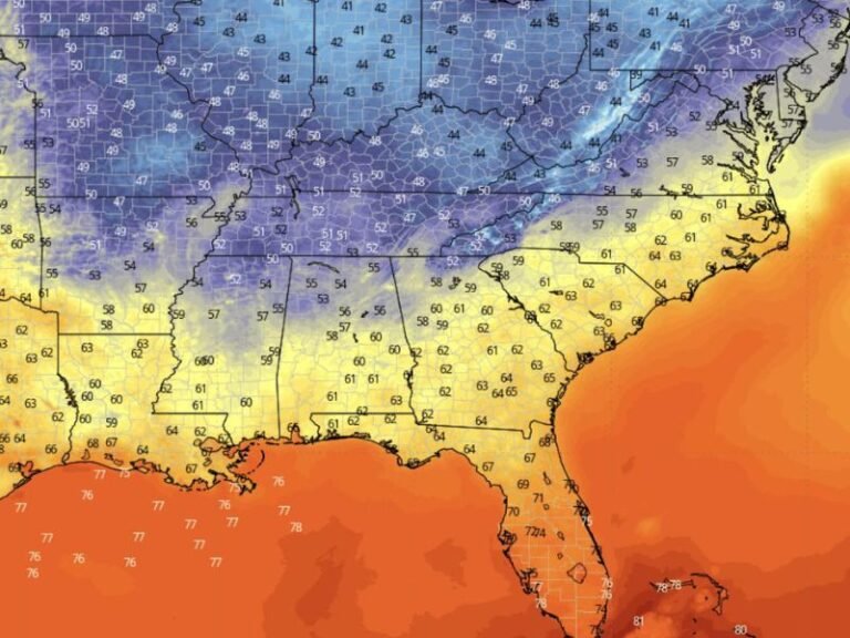 Sharp Temperature Split Across the Southeast With Cool 40s and 50s North of I-20 and Warm 60s to 70s Along Gulf Coast From Louisiana Through Florida This Morning