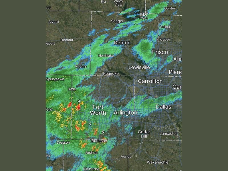 Showers and Thunderstorms Entering the Dallas Fort Worth Metroplex Including Fort Worth, Denton and Lewisville Wednesday Morning With No Severe Weather Expected